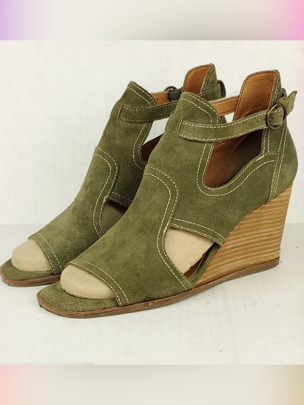 Lucky Brand Olive Green Suede Peep-Toe Wedge Sandals
